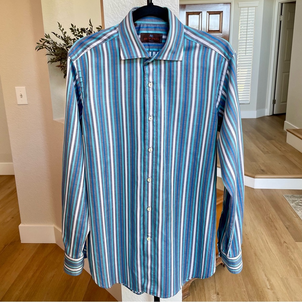 Etro Milano Men's Vertical Multi-Stripe‎ Cotton Dress Shirt Size 40 Medium Italy